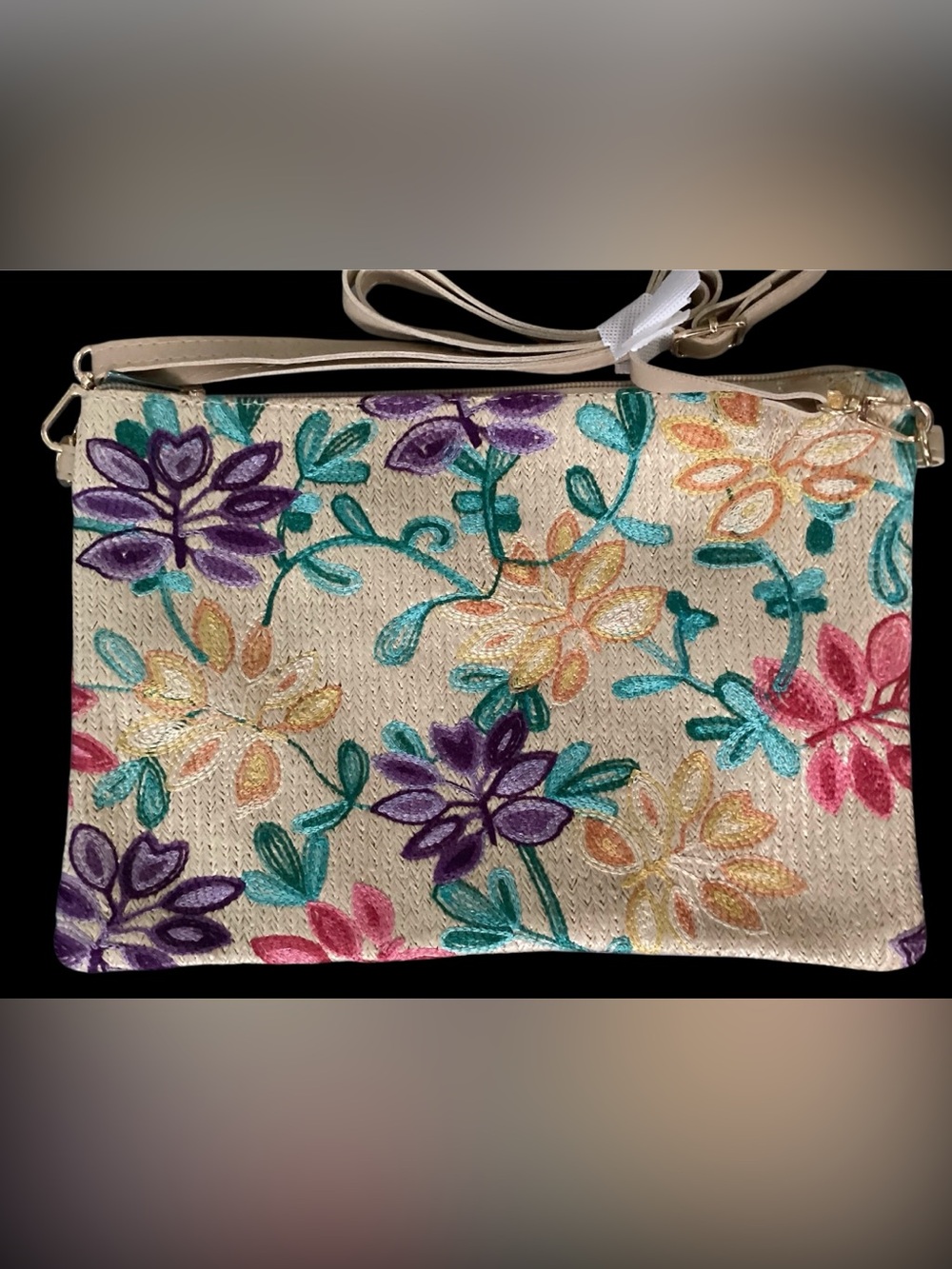 FLORAL EMBROIDERED STRAW CROSSBODY/CLUTCH BAG